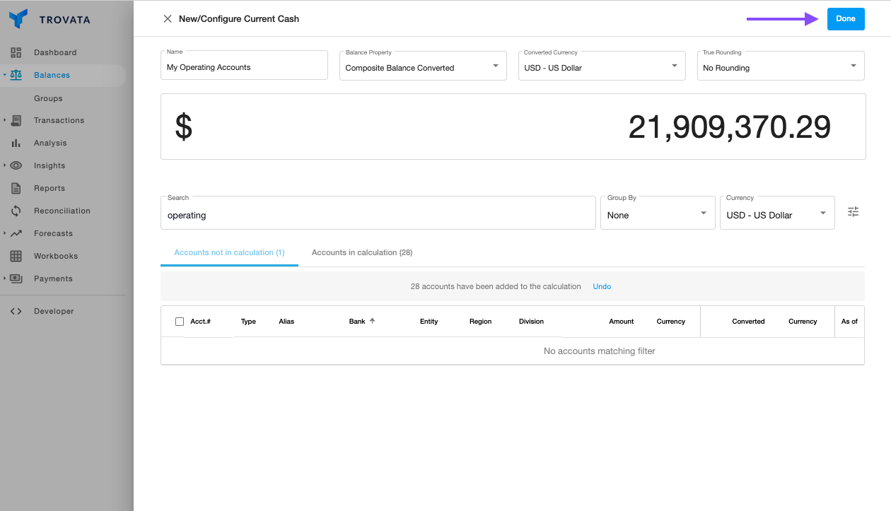 create current cash report in trovata 3