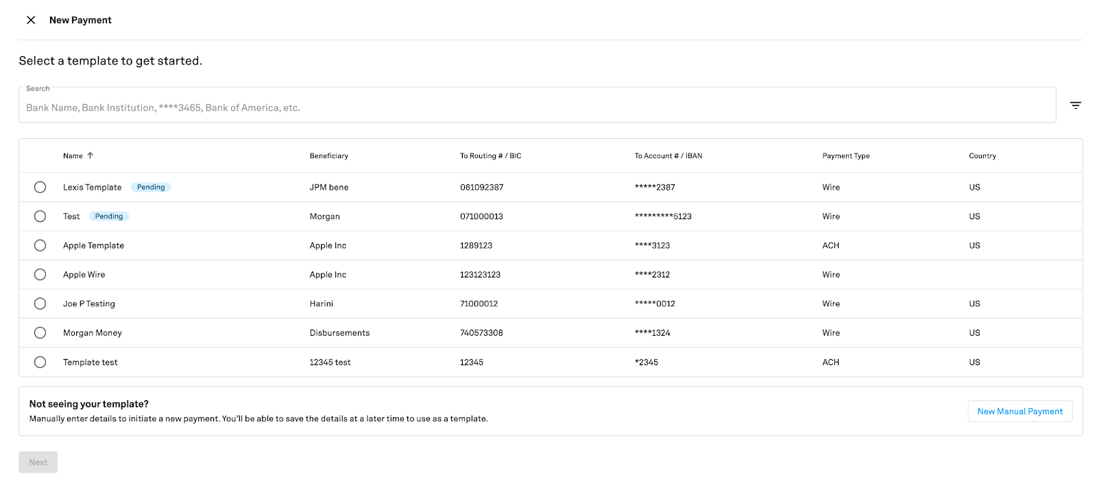 trovata payment from template